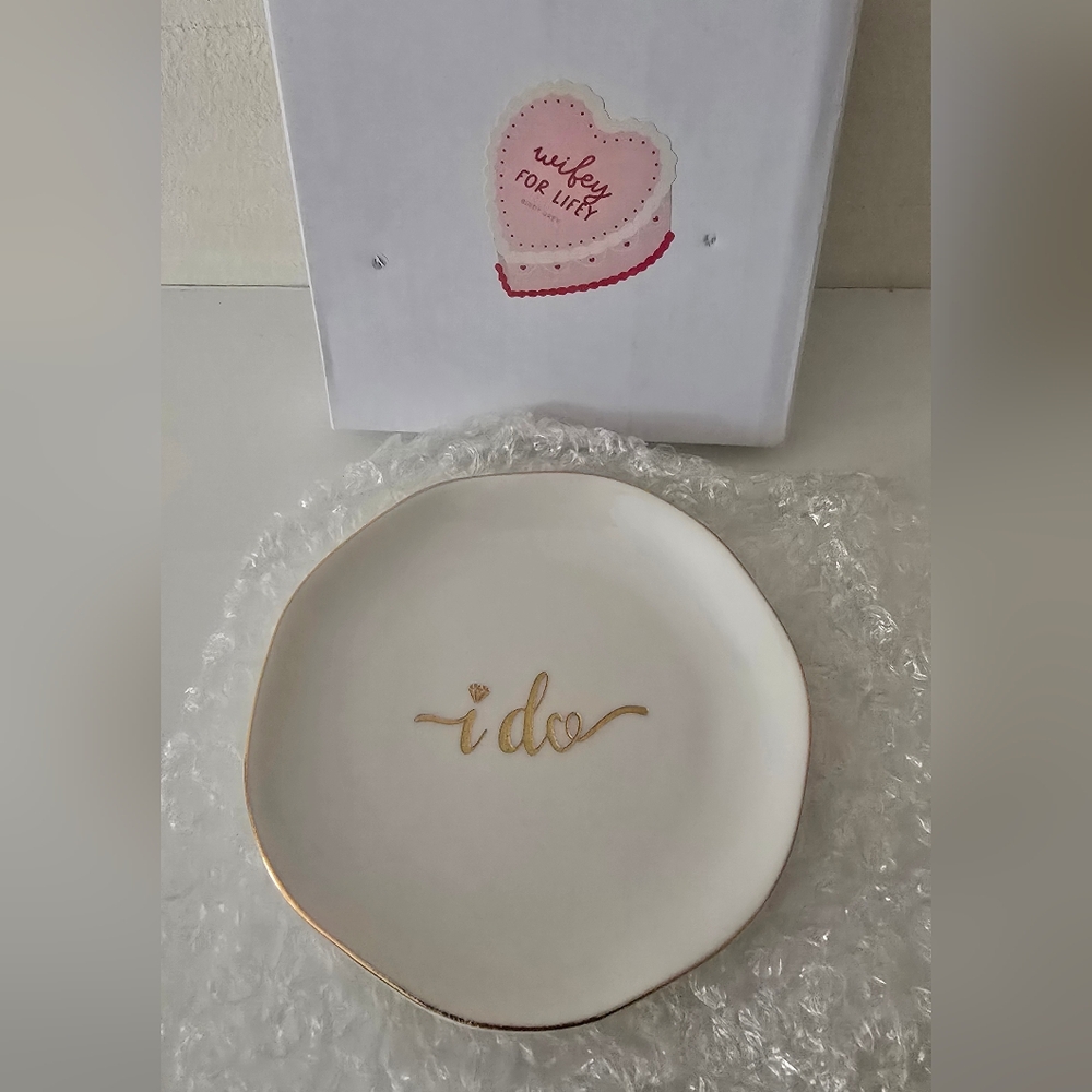 “I Do” Gold Rim Jewelry Trinket Dish with Box — Wedding Gift